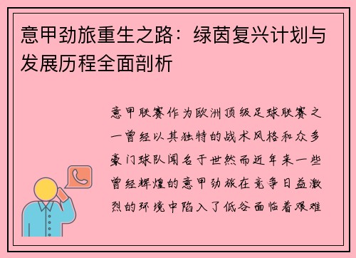 意甲劲旅重生之路：绿茵复兴计划与发展历程全面剖析