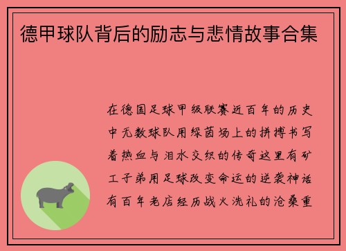 德甲球队背后的励志与悲情故事合集