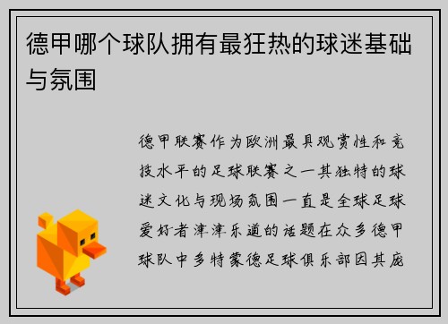 德甲哪个球队拥有最狂热的球迷基础与氛围