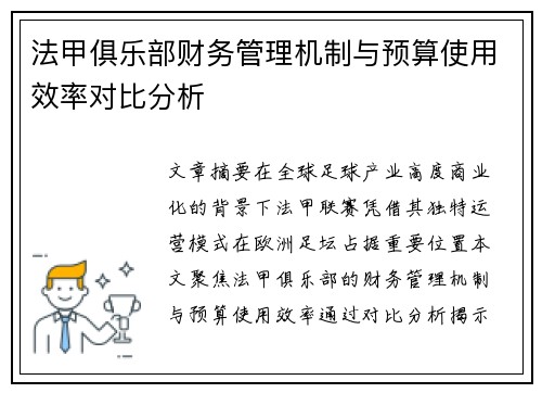 法甲俱乐部财务管理机制与预算使用效率对比分析