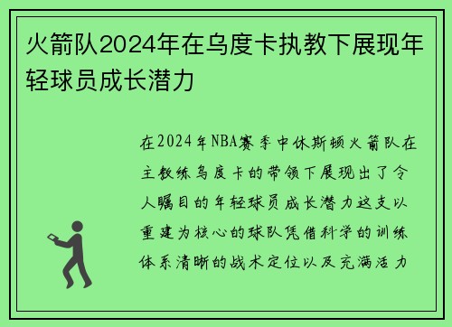 火箭队2024年在乌度卡执教下展现年轻球员成长潜力
